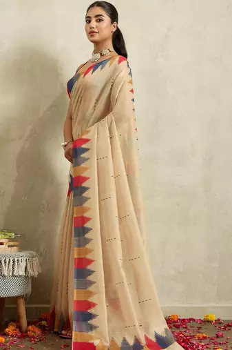 Beige printed blended cotton designer saree with blouse piece