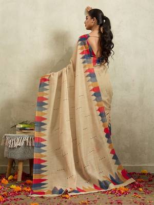 Beige printed blended cotton designer saree with blouse piece 3