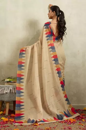 Beige printed blended cotton designer saree with blouse piece