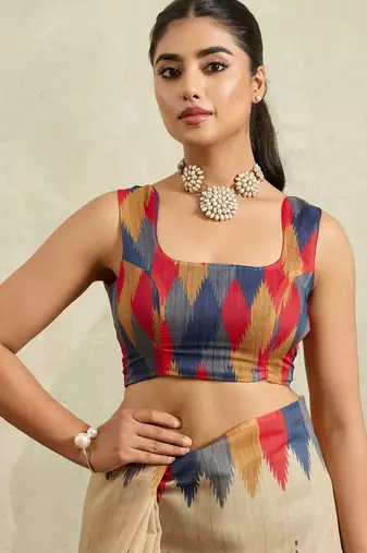 Beige printed blended cotton designer saree with blouse piece