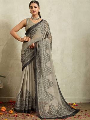 Grey printed blended cotton designer saree with blouse piece 1