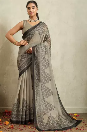 Grey printed blended cotton designer saree with blouse piece
