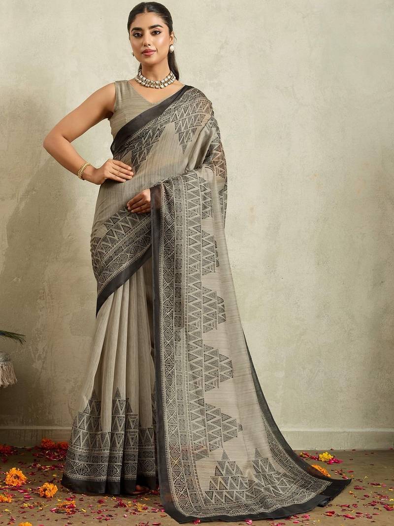 Grey printed blended cotton designer saree with blouse piece