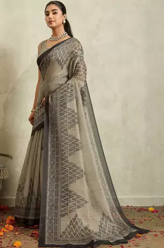 Grey printed blended cotton designer saree with blouse piece