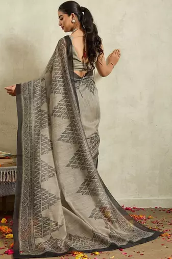 Grey printed blended cotton designer saree with blouse piece