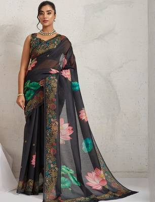 Black printed blended cotton designer saree with blouse piece 1