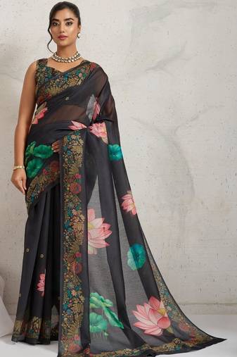 Black printed blended cotton designer saree with blouse piece