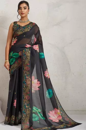 Black printed blended cotton designer saree with blouse piece
