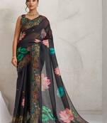 Black printed blended cotton designer saree with blouse piece