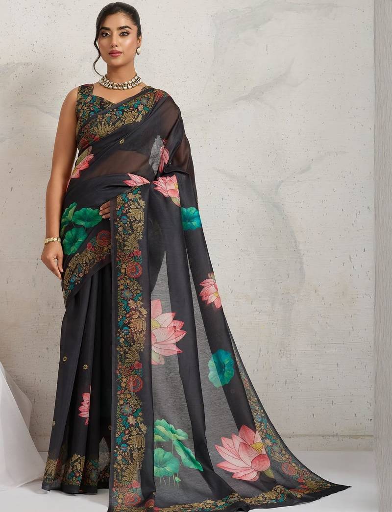 Black printed blended cotton designer saree with blouse piece