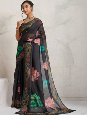 Black printed blended cotton designer saree with blouse piece 2