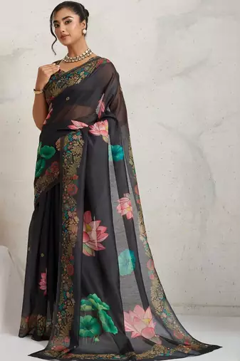 Black printed blended cotton designer saree with blouse piece