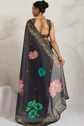 Black printed blended cotton designer saree with blouse piece