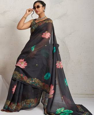 Black printed blended cotton designer saree with blouse piece 4