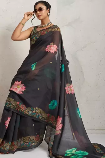 Black printed blended cotton designer saree with blouse piece