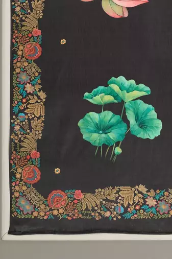 Black printed blended cotton designer saree with blouse piece