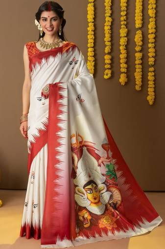 Off white printed silk blend ethnic saree with blouse piece