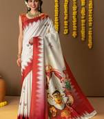 Off white printed silk blend ethnic saree with blouse piece