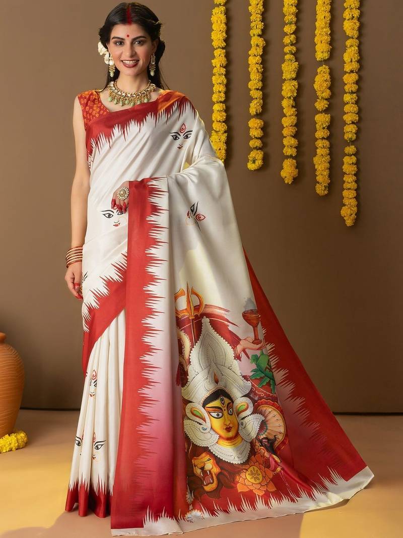Off white printed silk blend ethnic saree with blouse piece