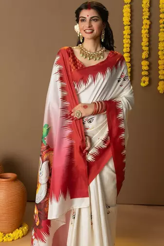 Off white printed silk blend ethnic saree with blouse piece