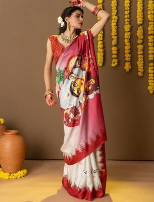 Off white printed silk blend ethnic saree with blouse piece 3