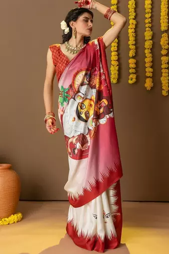 Off white printed silk blend ethnic saree with blouse piece