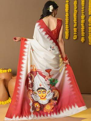 Off white printed silk blend ethnic saree with blouse piece 4