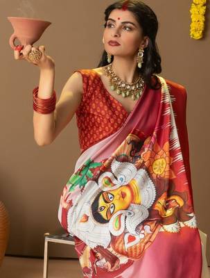 Off white printed silk blend ethnic saree with blouse piece 5