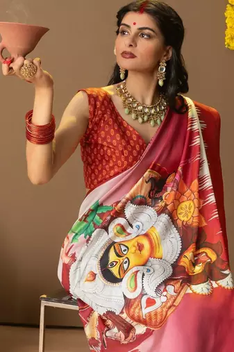 Off white printed silk blend ethnic saree with blouse piece