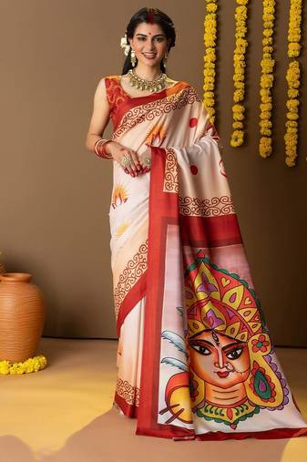 Off white printed art silk traditional saree with blouse piece