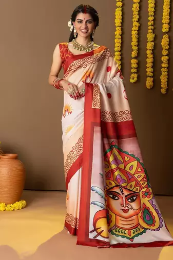 Off white printed art silk traditional saree with blouse piece
