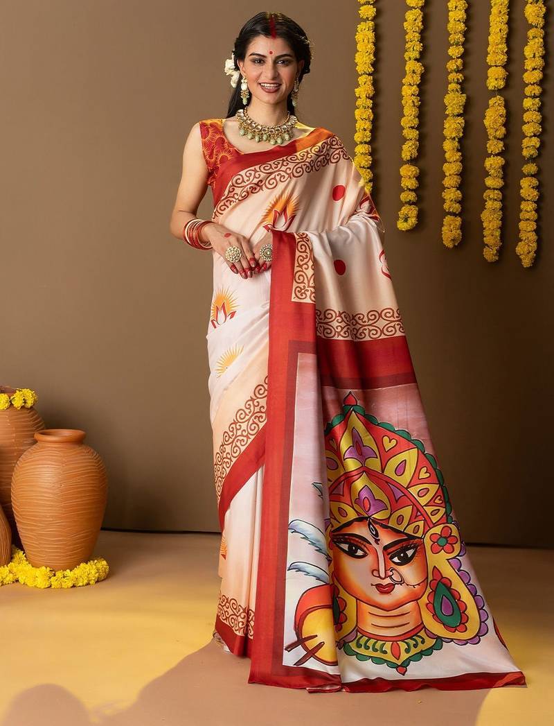 Off white printed art silk traditional saree with blouse piece