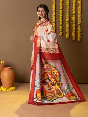 Off white printed art silk traditional saree with blouse piece 2