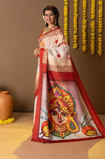 Off white printed art silk traditional saree with blouse piece