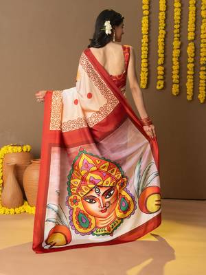 Off white printed art silk traditional saree with blouse piece 3