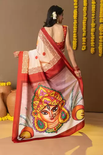 Off white printed art silk traditional saree with blouse piece
