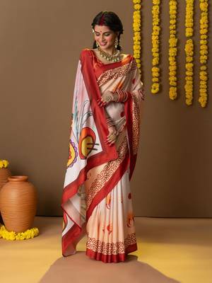 Off white printed art silk traditional saree with blouse piece 4
