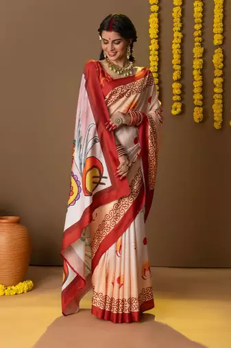 Off white printed art silk traditional saree with blouse piece