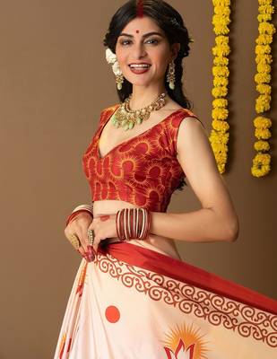 Off white printed art silk traditional saree with blouse piece 5