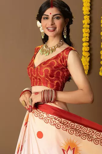 Off white printed art silk traditional saree with blouse piece