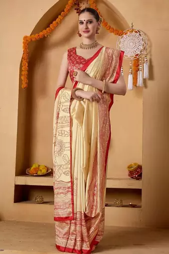 Cream printed art silk traditional saree with blouse piece