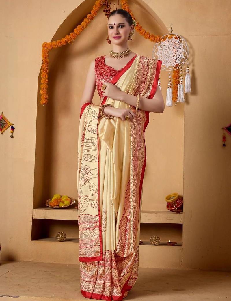 Cream printed art silk traditional saree with blouse piece