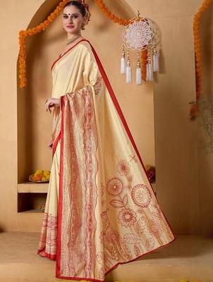 Cream printed art silk traditional saree with blouse piece 2