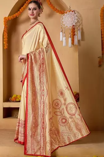 Cream printed art silk traditional saree with blouse piece