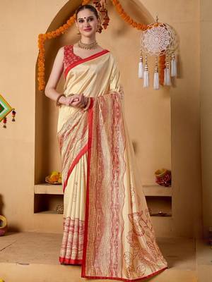 Cream printed art silk traditional saree with blouse piece 3
