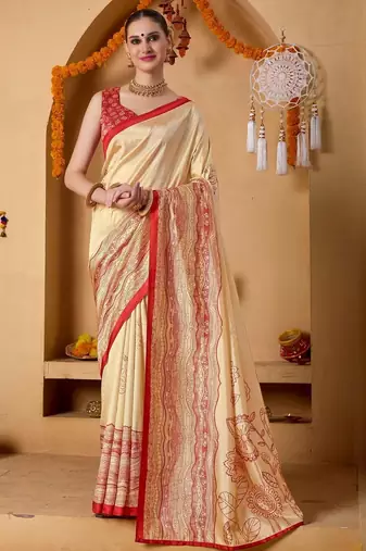 Cream printed art silk traditional saree with blouse piece