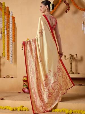 Cream printed art silk traditional saree with blouse piece 4