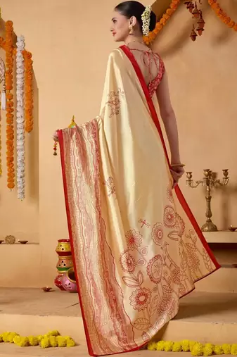 Cream printed art silk traditional saree with blouse piece