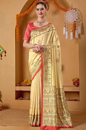 Cream printed art silk traditional saree with blouse piece