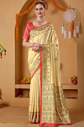 Cream printed art silk traditional saree with blouse piece